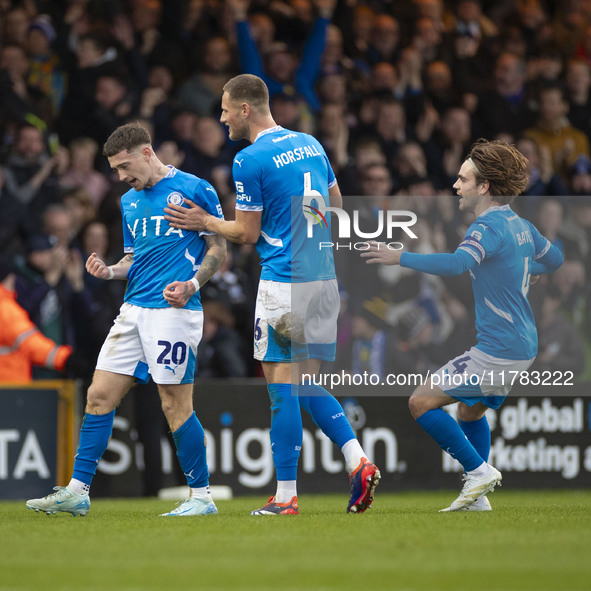 Louie Barry, number 20 of Stockport County F.C., celebrates his goal during the Sky Bet League 1 match between Stockport County and Wrexham...