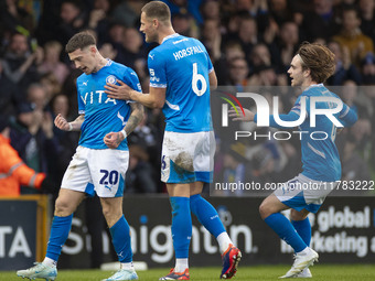 Louie Barry, number 20 of Stockport County F.C., celebrates his goal during the Sky Bet League 1 match between Stockport County and Wrexham...