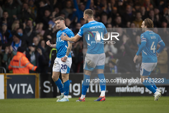 Louie Barry, number 20 of Stockport County F.C., celebrates his goal during the Sky Bet League 1 match between Stockport County and Wrexham...