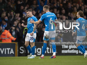 Louie Barry, number 20 of Stockport County F.C., celebrates his goal during the Sky Bet League 1 match between Stockport County and Wrexham...