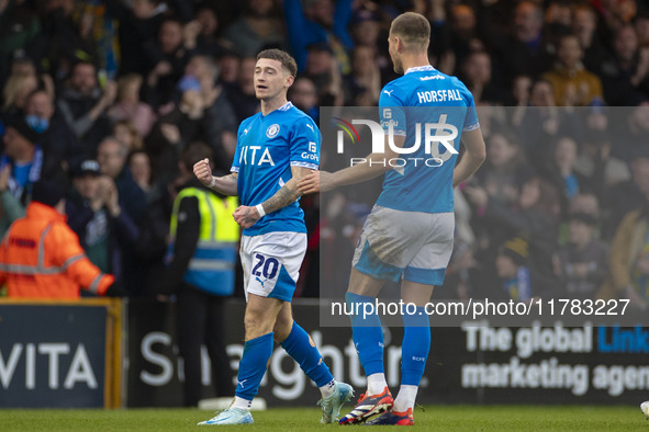 Louie Barry, number 20 of Stockport County F.C., celebrates his goal during the Sky Bet League 1 match between Stockport County and Wrexham...