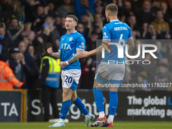 Louie Barry, number 20 of Stockport County F.C., celebrates his goal during the Sky Bet League 1 match between Stockport County and Wrexham...