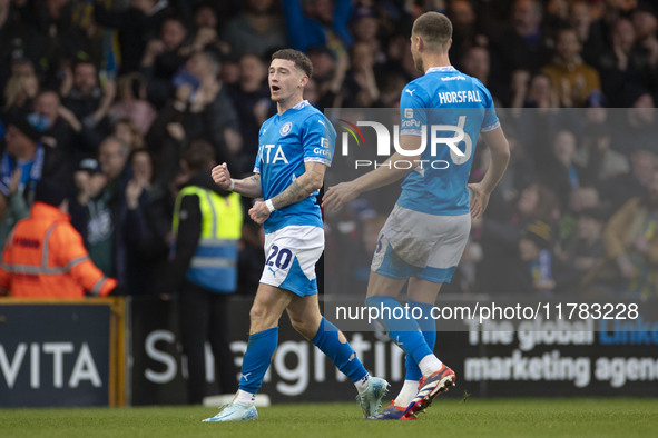 Louie Barry, number 20 of Stockport County F.C., celebrates his goal during the Sky Bet League 1 match between Stockport County and Wrexham...