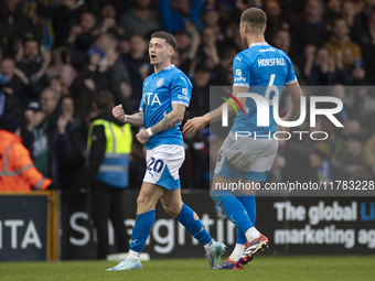 Louie Barry, number 20 of Stockport County F.C., celebrates his goal during the Sky Bet League 1 match between Stockport County and Wrexham...