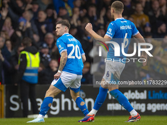 Louie Barry, number 20 of Stockport County F.C., celebrates his goal during the Sky Bet League 1 match between Stockport County and Wrexham...