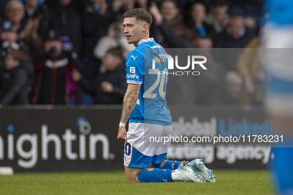 Louie Barry, number 20 of Stockport County F.C., celebrates his goal during the Sky Bet League 1 match between Stockport County and Wrexham...