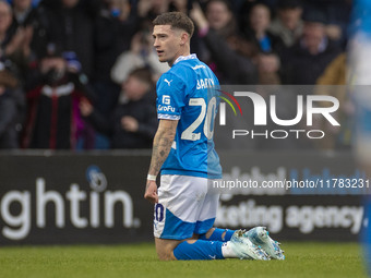 Louie Barry, number 20 of Stockport County F.C., celebrates his goal during the Sky Bet League 1 match between Stockport County and Wrexham...