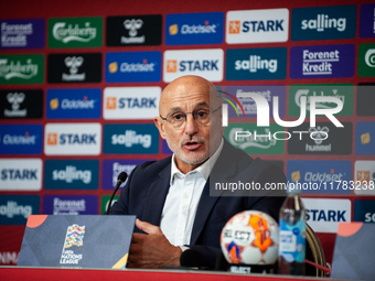 Luis de la Fuente, the head coach of Spain, speaks at the press conference during the UEFA Nations League 2024/25 League A Group A4 match be...