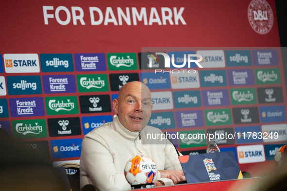 Brian Riemer, the head coach of Denmark, speaks at the press conference during the UEFA Nations League 2024/25 League A Group A4 match betwe...