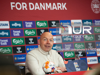 Brian Riemer, the head coach of Denmark, speaks at the press conference during the UEFA Nations League 2024/25 League A Group A4 match betwe...