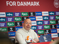 Brian Riemer, the head coach of Denmark, speaks at the press conference during the UEFA Nations League 2024/25 League A Group A4 match betwe...