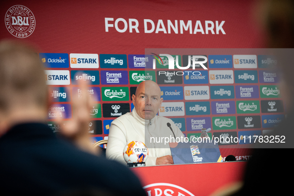 Brian Riemer, the head coach of Denmark, speaks at the press conference during the UEFA Nations League 2024/25 League A Group A4 match betwe...