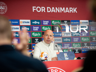 Brian Riemer, the head coach of Denmark, speaks at the press conference during the UEFA Nations League 2024/25 League A Group A4 match betwe...