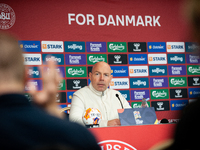 Brian Riemer, the head coach of Denmark, speaks at the press conference during the UEFA Nations League 2024/25 League A Group A4 match betwe...