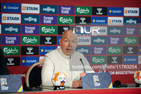 Brian Riemer, the head coach of Denmark, speaks at the press conference during the UEFA Nations League 2024/25 League A Group A4 match betwe...