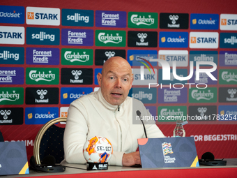 Brian Riemer, the head coach of Denmark, speaks at the press conference during the UEFA Nations League 2024/25 League A Group A4 match betwe...