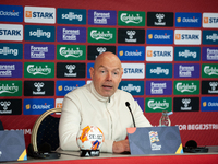 Brian Riemer, the head coach of Denmark, speaks at the press conference during the UEFA Nations League 2024/25 League A Group A4 match betwe...