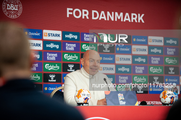 Brian Riemer, the head coach of Denmark, speaks at the press conference during the UEFA Nations League 2024/25 League A Group A4 match betwe...