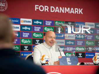 Brian Riemer, the head coach of Denmark, speaks at the press conference during the UEFA Nations League 2024/25 League A Group A4 match betwe...