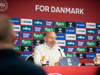 Brian Riemer, the head coach of Denmark, speaks at the press conference during the UEFA Nations League 2024/25 League A Group A4 match betwe...