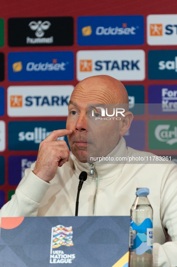 Brian Riemer, the head coach of Denmark, speaks at the press conference during the UEFA Nations League 2024/25 League A Group A4 match betwe...