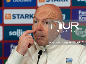 Brian Riemer, the head coach of Denmark, speaks at the press conference during the UEFA Nations League 2024/25 League A Group A4 match betwe...