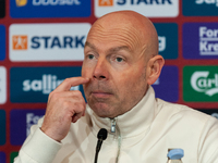 Brian Riemer, the head coach of Denmark, speaks at the press conference during the UEFA Nations League 2024/25 League A Group A4 match betwe...