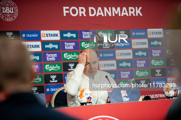 Brian Riemer, the head coach of Denmark, speaks at the press conference during the UEFA Nations League 2024/25 League A Group A4 match betwe...