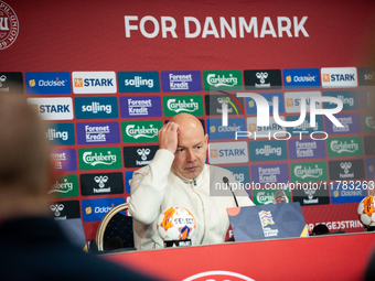 Brian Riemer, the head coach of Denmark, speaks at the press conference during the UEFA Nations League 2024/25 League A Group A4 match betwe...