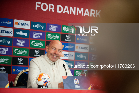 Brian Riemer, the head coach of Denmark, speaks at the press conference during the UEFA Nations League 2024/25 League A Group A4 match betwe...