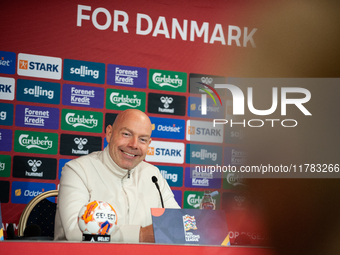 Brian Riemer, the head coach of Denmark, speaks at the press conference during the UEFA Nations League 2024/25 League A Group A4 match betwe...