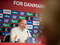 Brian Riemer, the head coach of Denmark, speaks at the press conference during the UEFA Nations League 2024/25 League A Group A4 match betwe...