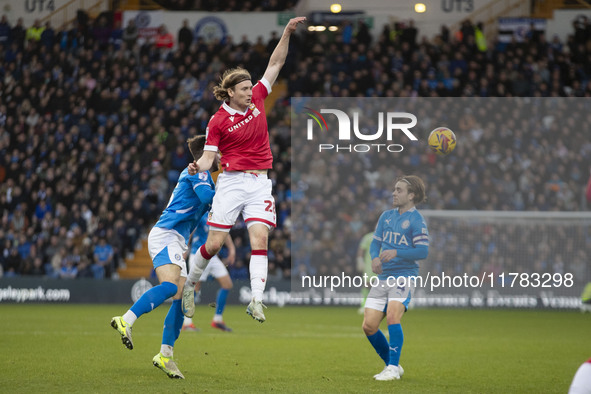 Jon Daoi Boovarsson #28 of Wrexham A.F.C. is in action during the Sky Bet League 1 match between Stockport County and Wrexham at the Edgeley...