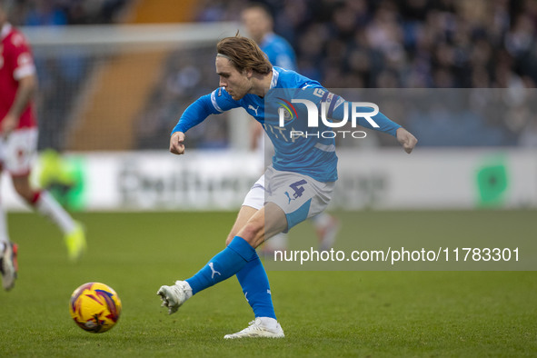 Lewis Bate #4 of Stockport County F.C. is in action during the Sky Bet League 1 match between Stockport County and Wrexham at the Edgeley Pa...