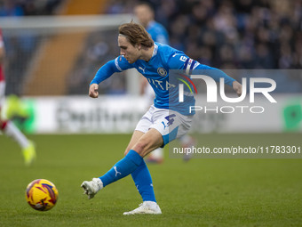 Lewis Bate #4 of Stockport County F.C. is in action during the Sky Bet League 1 match between Stockport County and Wrexham at the Edgeley Pa...