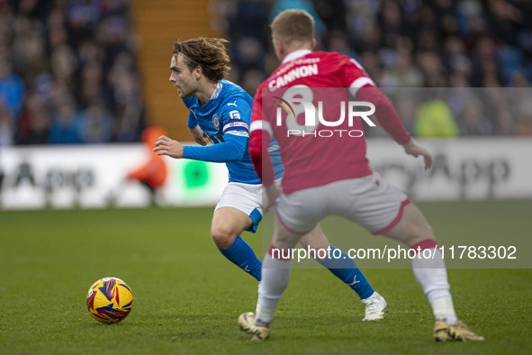 Lewis Bate #4 of Stockport County F.C. is in possession of the ball during the Sky Bet League 1 match between Stockport County and Wrexham a...