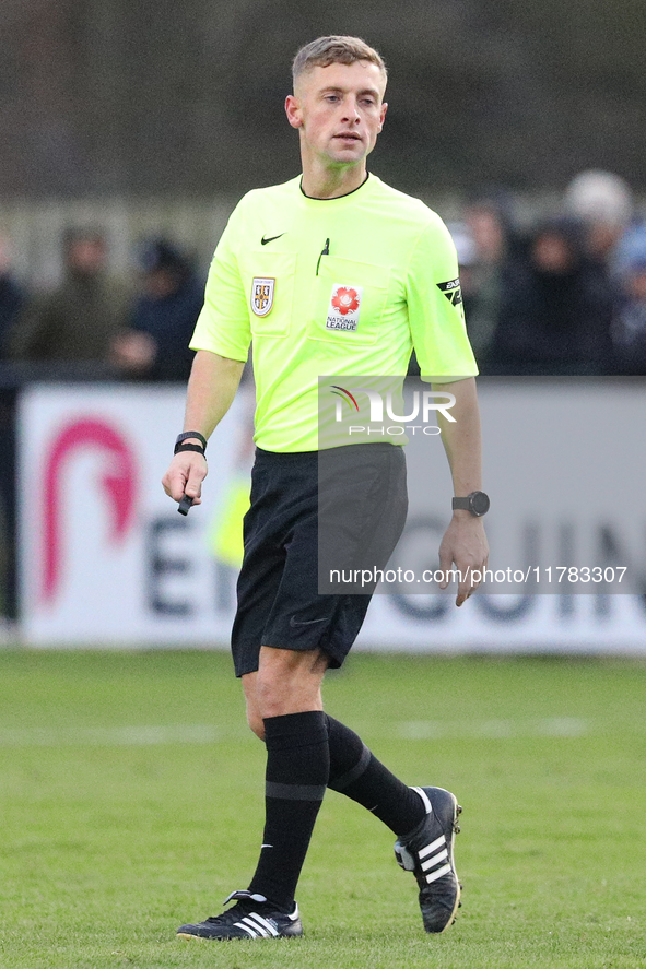 Referee Mark Bell officiates the Isuzu FA Trophy Second round match between Darlington and Buxton at Blackwell Meadows in Darlington, Englan...