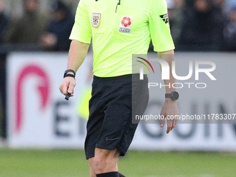 Referee Mark Bell officiates the Isuzu FA Trophy Second round match between Darlington and Buxton at Blackwell Meadows in Darlington, Englan...