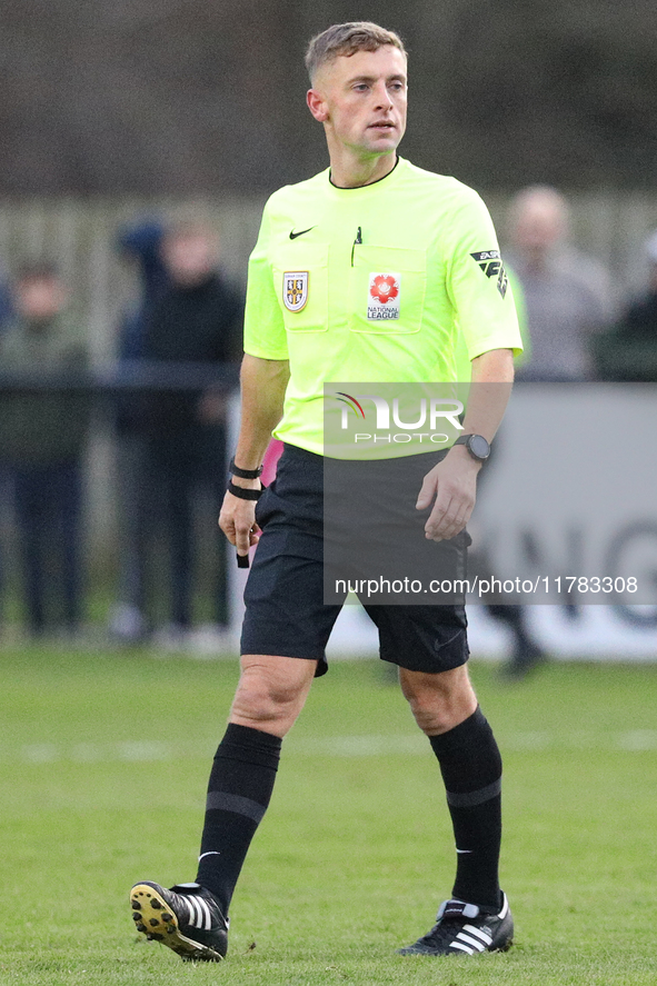 Referee Mark Bell officiates the Isuzu FA Trophy Second round match between Darlington and Buxton at Blackwell Meadows in Darlington, Englan...