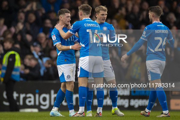 Louie Barry #20 of Stockport County F.C. celebrates his goal during the Sky Bet League 1 match between Stockport County and Wrexham at the E...