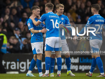 Louie Barry #20 of Stockport County F.C. celebrates his goal during the Sky Bet League 1 match between Stockport County and Wrexham at the E...