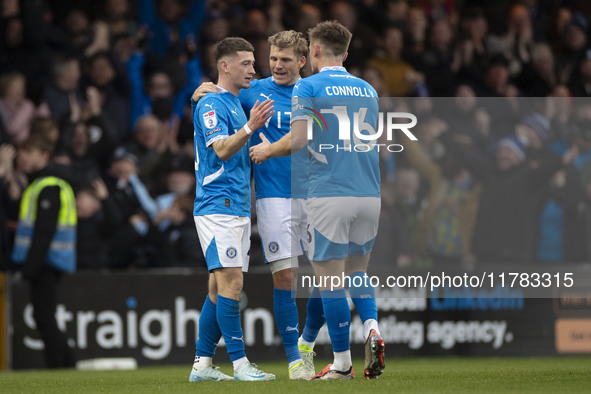 Louie Barry #20 of Stockport County F.C. celebrates his goal during the Sky Bet League 1 match between Stockport County and Wrexham at the E...