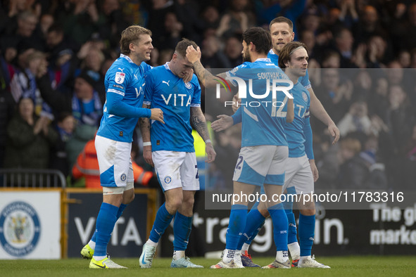 Louie Barry #20 of Stockport County F.C. celebrates his goal during the Sky Bet League 1 match between Stockport County and Wrexham at the E...