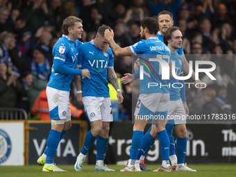 Louie Barry #20 of Stockport County F.C. celebrates his goal during the Sky Bet League 1 match between Stockport County and Wrexham at the E...