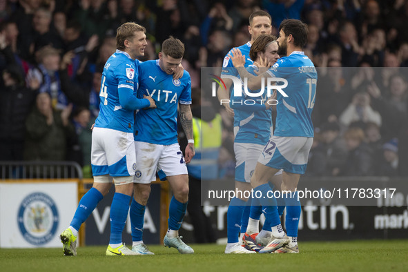 Louie Barry #20 of Stockport County F.C. celebrates his goal during the Sky Bet League 1 match between Stockport County and Wrexham at the E...