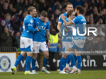 Louie Barry #20 of Stockport County F.C. celebrates his goal during the Sky Bet League 1 match between Stockport County and Wrexham at the E...