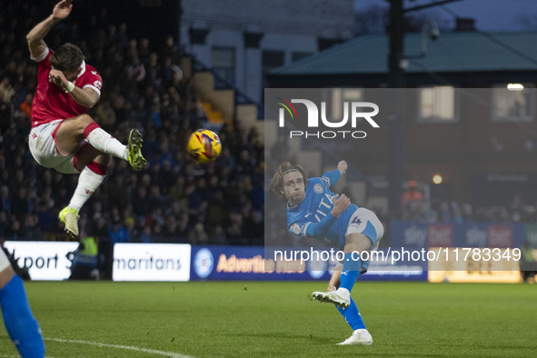 Lewis Bate #4 of Stockport County F.C. is in action during the Sky Bet League 1 match between Stockport County and Wrexham at the Edgeley Pa...