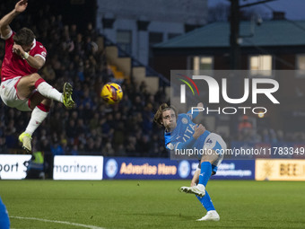 Lewis Bate #4 of Stockport County F.C. is in action during the Sky Bet League 1 match between Stockport County and Wrexham at the Edgeley Pa...