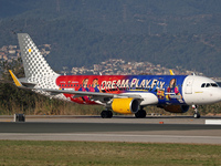 The FC Barcelona women's team launches the Vueling Airbus 320-214 to travel to Madrid with the new livery, featuring images of Aitana Bonmat...