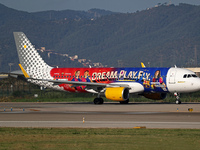 The FC Barcelona women's team launches the Vueling Airbus 320-214 to travel to Madrid with the new livery, featuring images of Aitana Bonmat...